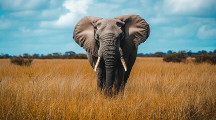 Fototapeta premium Majestic elephant in golden savanna.
