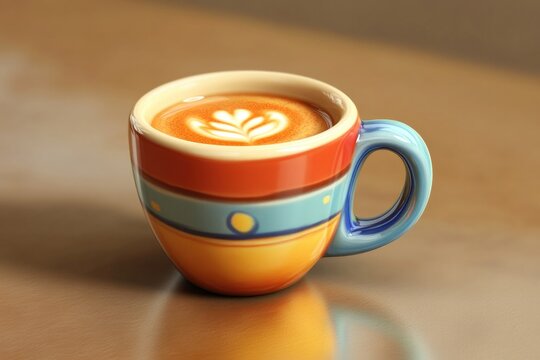 Colorful coffee mug displays intricate latte art atop rich bever