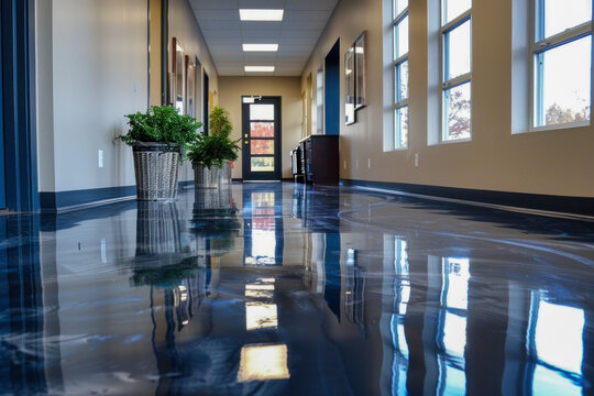 A sleek blue epoxy floor reflects the lighting in a modern office corridor, highlighting its clean, polished appearance and professional environment.