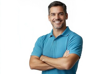 Portrait of a handsome smiling man in a blue polo shirt standing with his arms crossed isolated on a white background