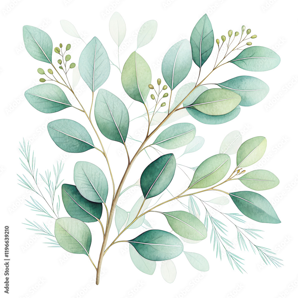 Poster a collection of green leaves and branches showcasing various shapes and sizes, with subtle details a