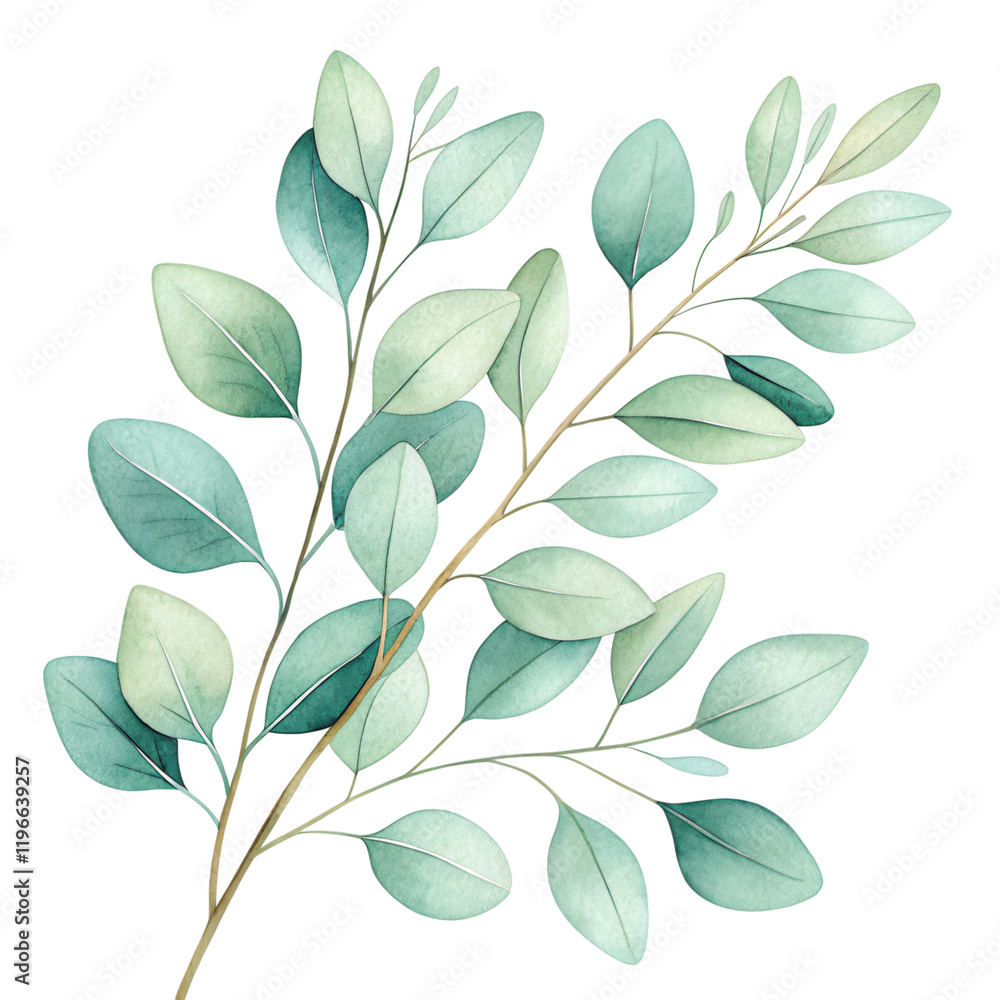 Poster a delicate branch featuring an array of green leaves, showcasing varying shades and textures in a na