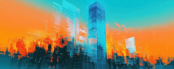 Fototapeta premium Futuristic cityscape, neon lights, abstract architecture, cyberpunk, digital landscape showcasing a towering structure amidst glowing structures in shades of blue and orange