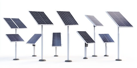 Various sizes of solar panels on stands, isolated on white.