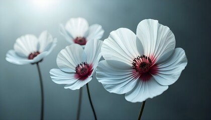 Transparent glass-like flowers with vibrant red centers, showcasing intricate petal details, floating gracefully against a soft blue gradient background, creating a serene atmosphere.
