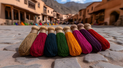 Following a traditional dyeing process, silk yarn is dyed using natural dyes and allowed to dry.