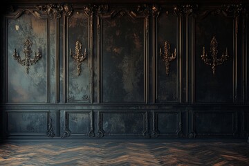 Dark, ornate wood wall paneling and hardwood floor interior.