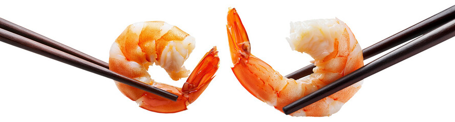 Extreme close-up of a juicy shrimp held by wooden chopsticks, isolated on transparent or white background, png. Eating sushi at restaurant, concept. Collection and variation. Generative Ai.