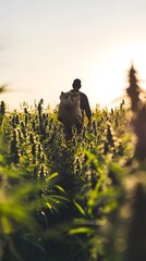 A farmer carries a sack and is picking marijuana, with a beautiful view of the clear sky
