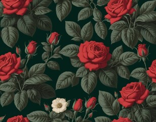 Fototapeta premium Dark Green Seamless Pattern with Red Roses and White Flower