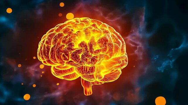 Glowing brain illustration dark.Fiery neural activity showcasing cognition.Located abstract digital space.Visual represents active,dynamic thinking.networks illuminated vivid detail.Conceptual