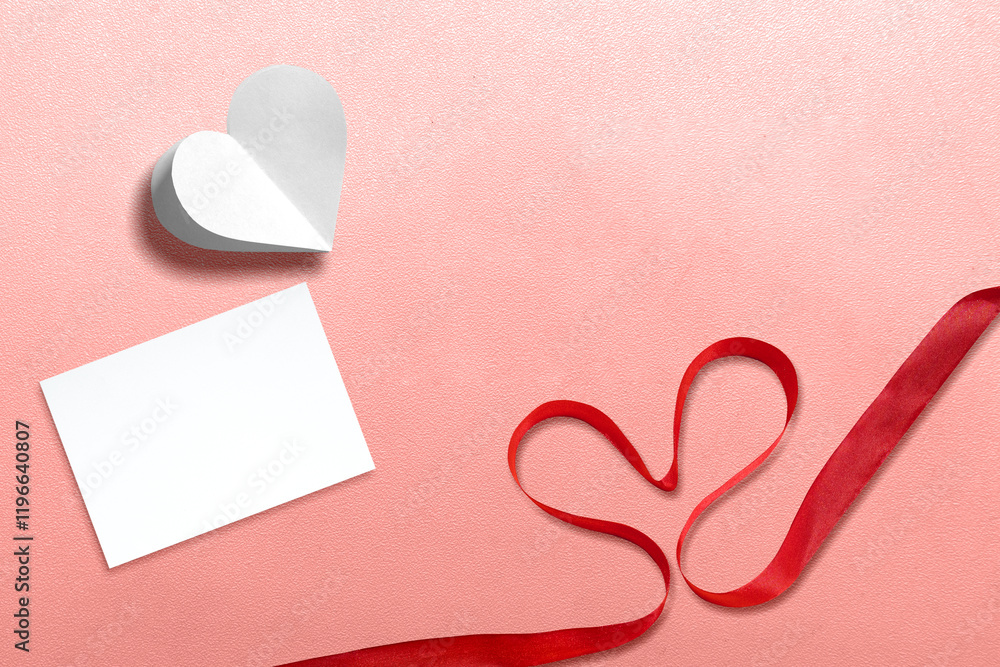 Aufkleber white heart with empty card and red ribbon with heart shape on a colored background. copy space. moc