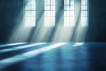 Sunbeams illuminate an empty, dark room with three large windows.