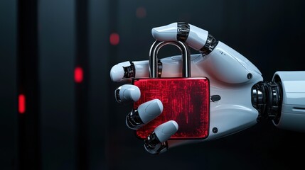 Naklejka premium Cyber security and sleek, A robotic hand holds a red padlock, symbolizing security and technology in a futuristic setting.