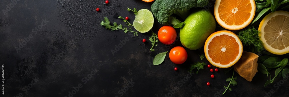 Poster colorful array of fresh fruits and vegetables on a dark textured surface. generative ai