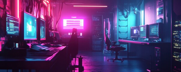 Futuristic neon-lit server room, glowing cyberpunk vibes, digital data storage concept.
