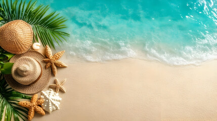 Accessories and a suitcase for a beach vacation.