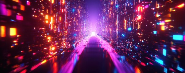 Obraz premium futuristic power grid, neon lights, digital energy landscape, electric towers in vibrant colors, stunning visual effect, modern technology concept, abstract energy transmission