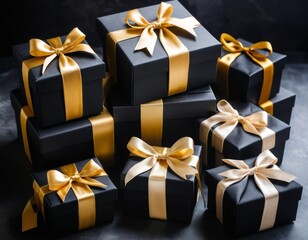 Elegant Black and Gold Gift Boxes with Satin Ribbons