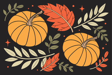 Naklejka premium Autumn composition, orange pumpkins, colorful fall leaves, black background, top view, flat lay, seasonal decorative arrangement, Thanksgiving theme, harvest celebration, warm