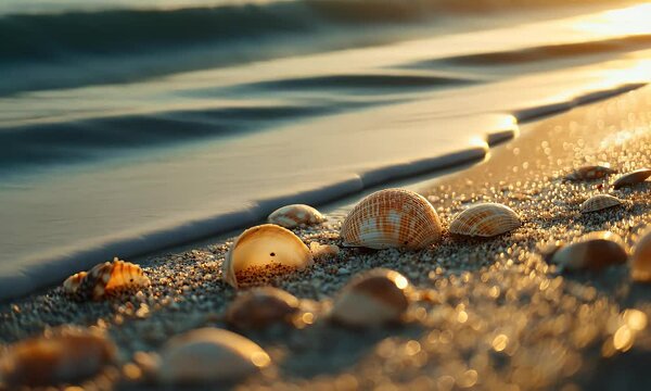Golden beach waves gently caressing seashells at sunrise