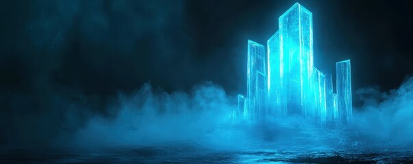 Futuristic Tech Scene: Holographic glowing skyscraper in a futuristic city, blue neon lights, sci-fi, digital era, technology concept