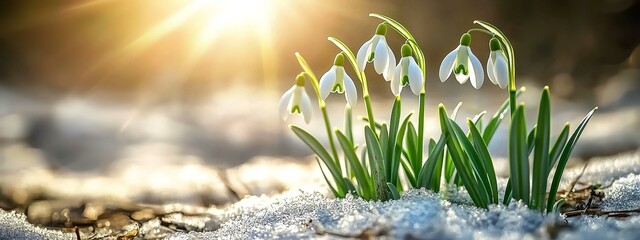 Snowdrop flowers first flowers growing from snow winter renewal of life Easter springtime new hope concept