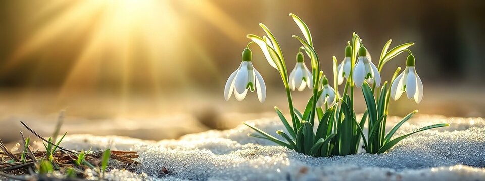 Snowdrop flowers first flowers growing from snow winter renewal of life Easter springtime new hope concept