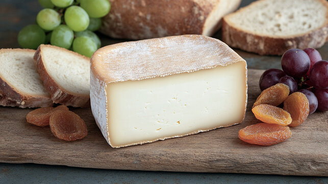 Bloque de queso artesanal con uvas verdes, uvas rojas, pan r&uacute;stico y orejones sobre tabla de madera

