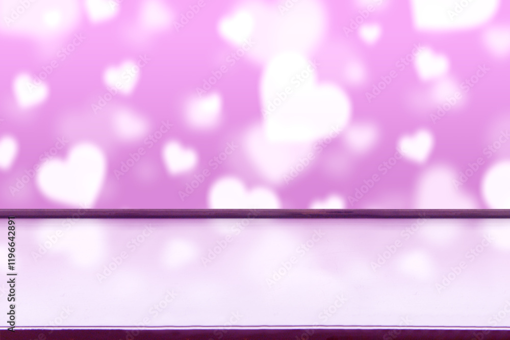 Aufkleber empty table with the blurred shapes of hearts in the background. copy space. mockup or template. dec
