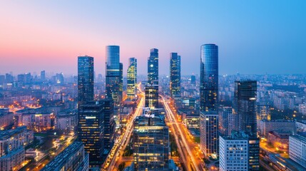 Cyber security and sleek, A stunning city skyline at dusk, showcasing modern skyscrapers illuminated against a vibrant sky, reflecting urban life and progress.