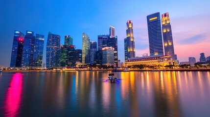 Naklejka premium Cyber security and sleek, A stunning skyline at dusk showcasing modern skyscrapers reflecting on water, illuminated by colorful lights.