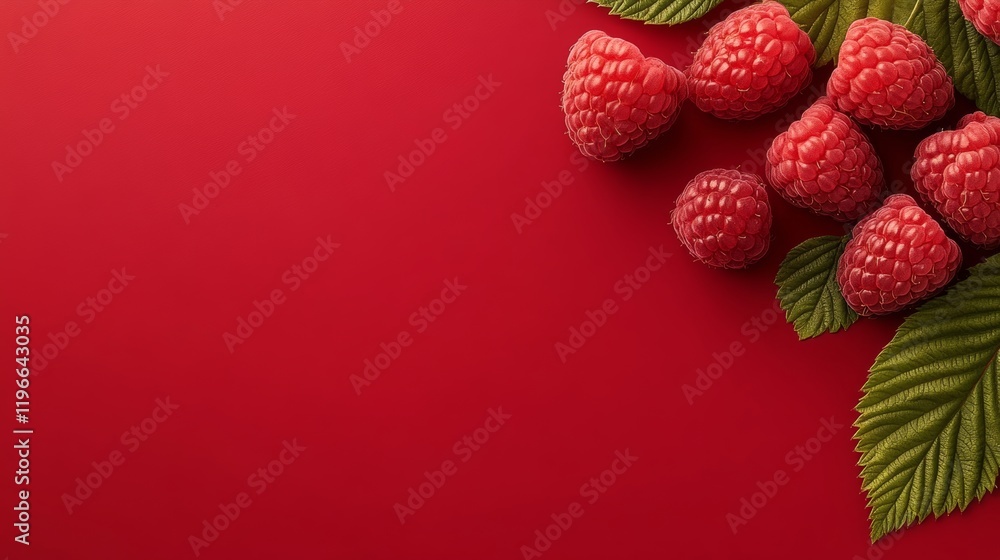 Poster red background with a bunch of raspberries on it. the raspberries are arranged in a way that they lo