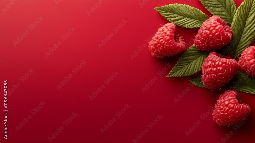 Poster close up of a red raspberry with a leaf on top. the image is a close up of a red raspberry with a le