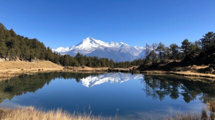 Alpine lake with snow-capped mountains

