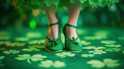 A pair of green shoes rests on a clover-patterned surface, surrounded by a vibrant green hue, evoking a whimsical and festive atmosphere.