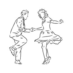 Couple in love dancing and having fun, hand drawn outline illustration. swing dance. vector