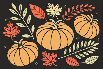 Autumn composition, orange pumpkins, colorful fall leaves, black background, top view, flat lay, seasonal decorative arrangement, Thanksgiving theme, harvest celebration, warm