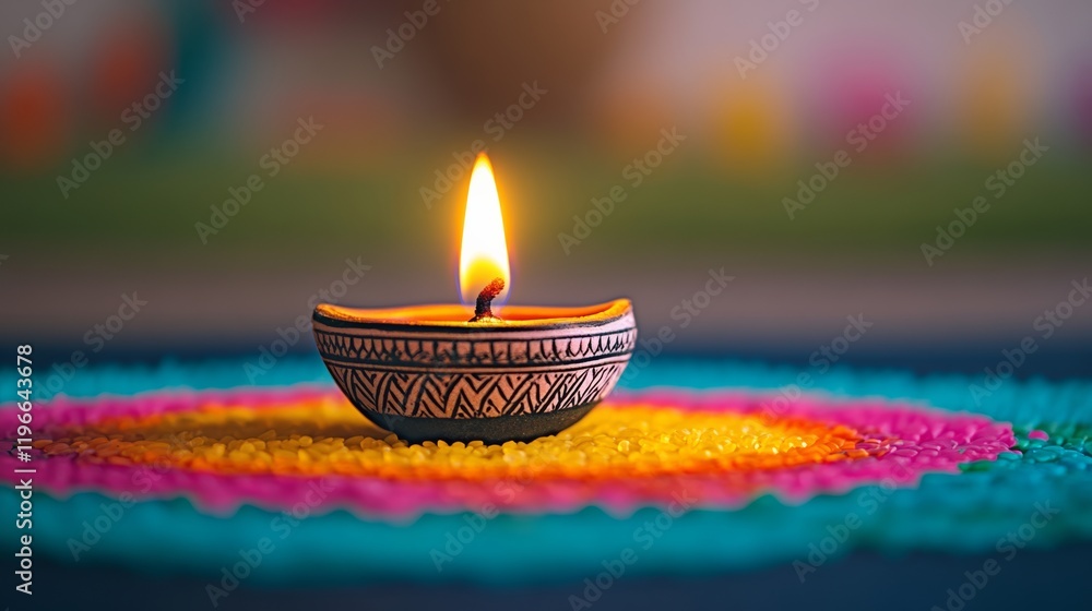 Poster small candle is lit in a bowl on a colorful surface. the bowl is decorated with a pattern and the ca
