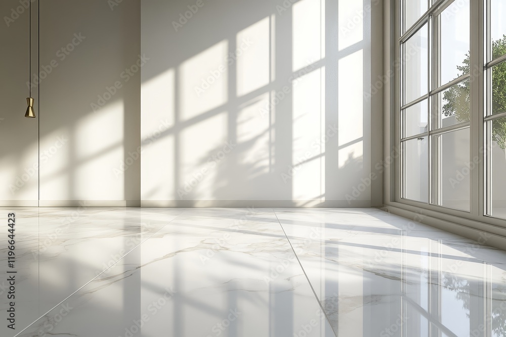 Poster sunlit minimalist empty room with marble floor and large window.