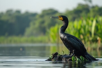 Indian cormorant perching on rock in river