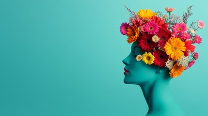 Woman's head is covered in flowers. The flowers are in various colors and are arranged in a way that makes the woman look like she is wearing a flower crown. The image has a bright and cheerful mood