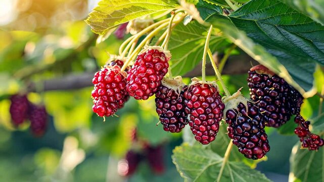 mulberry close up on tree. selective focus