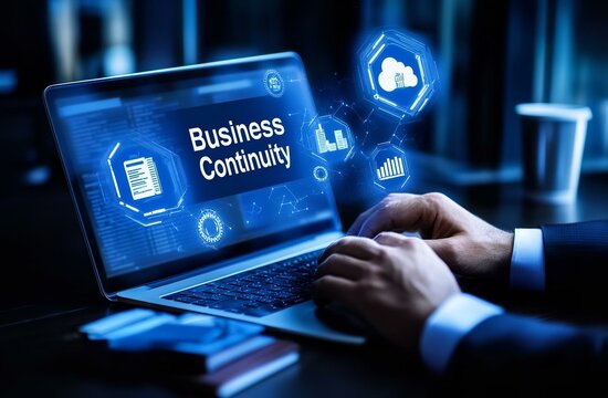 Business continuity management concept. 'Business Continuity' with icons strategy risk assessment and operational planning.