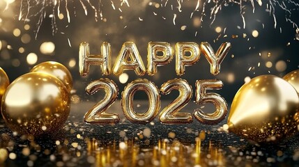 Gold Happy New Year 2025 message balloons with decoration party.