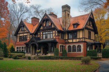 Fototapeta premium Tudor revival mansion exhibiting intricate details and autumn foliage