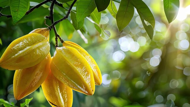 Carambola close-up on a tree. selective focus