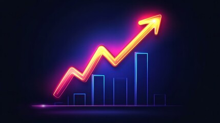 Arrow pointing upward icon with neon light effect on dark blue background.