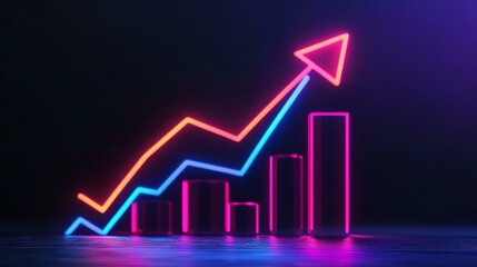 Arrow pointing upward icon with neon light effect on dark blue background.