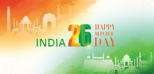 26 th January Indian Republic Day banner template design with Indian flag and silhouette of Indian monument.